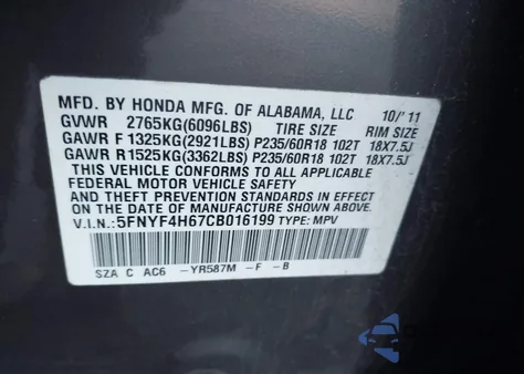 2012 Honda Pilot Ex-L z USA, uszkodzony, nr VIN 5FNYF4H67CB016199